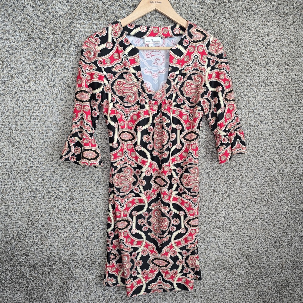 Jude Connally Nancy‎ Dress Womens Small Red Printed Scoop Bell Sleeve Shift Mini
